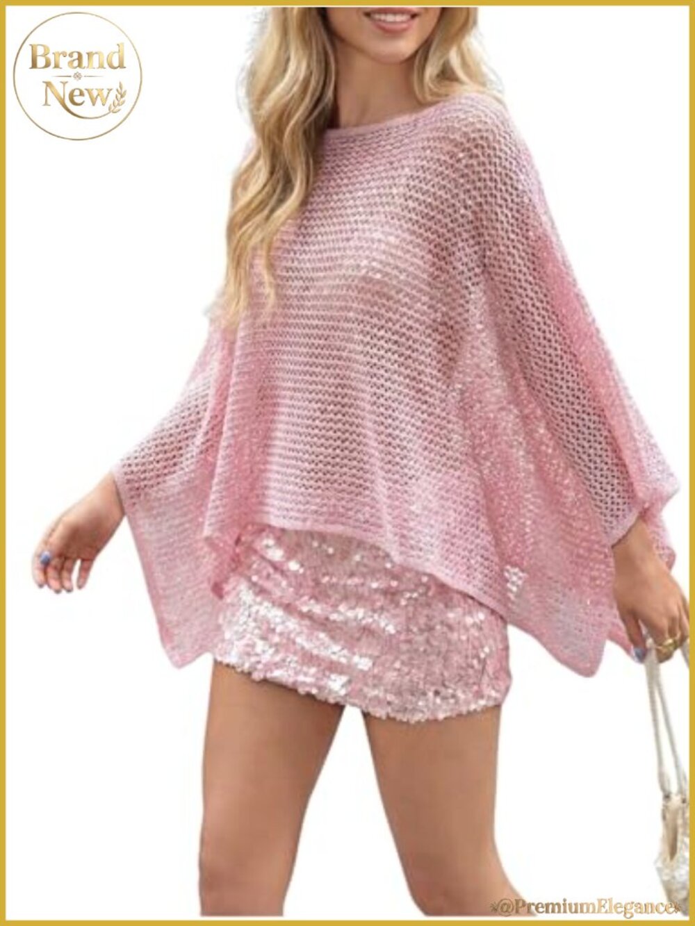 Sheer Poncho Crochet Sequin Top 3/4 Sleeve Boat Neck Cover Up